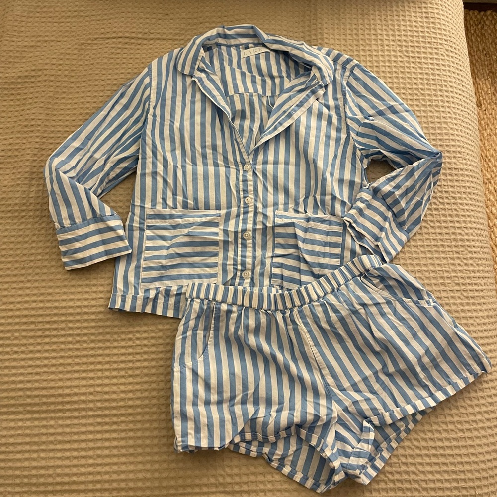 RARE Blue Lake Pajamas Poplin Piped Shorts Set